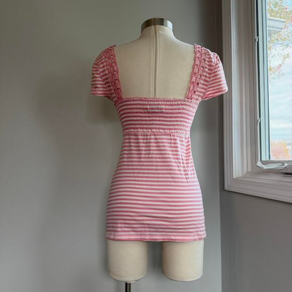 Y2k abercrombie and fitch pink and white striped babydoll top with lace trim - Picture 2 of 7